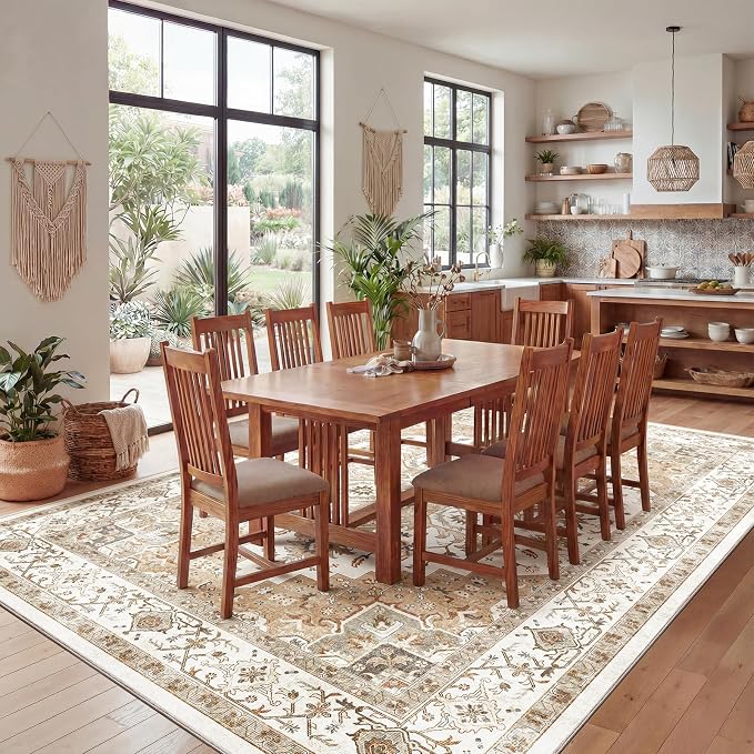 AMADA HOMEFURNISHING 9x12 Area Rugs, Low-Profile Large Washable Area Rug with Non-Slip Backing & Durable Edge Binding, Vintage Rugs for Living Room, Bedroom & Dinning Room