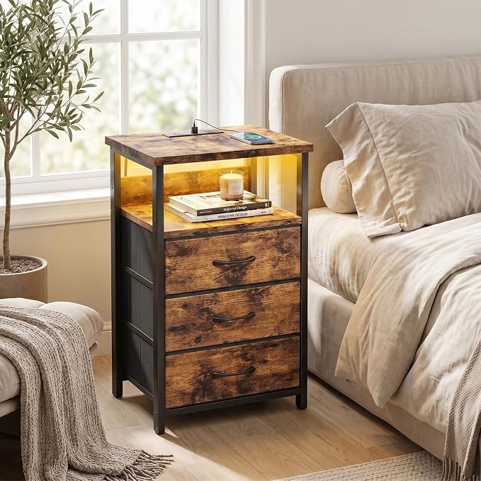 Fixwal Night Stand with 3 Fabric Drawers, Nightstand with Charging Station | rustic brown, led lights, built-in bedside charger, 2 AC outlets & 2 usb ports, 2 wooden shelves, bedroom furniture