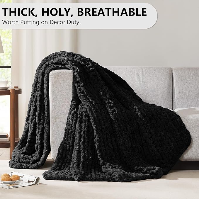 L'AGRATY Chunky Knit Throw Blanket for Couch, 50'' x 60'' Knit Throw, Black | Handmade Chenille Crochet Blanket for Sofa Bed, Thick Cable Knitted Blankets for Room Home Decor, Birthday Gift for Women Mom