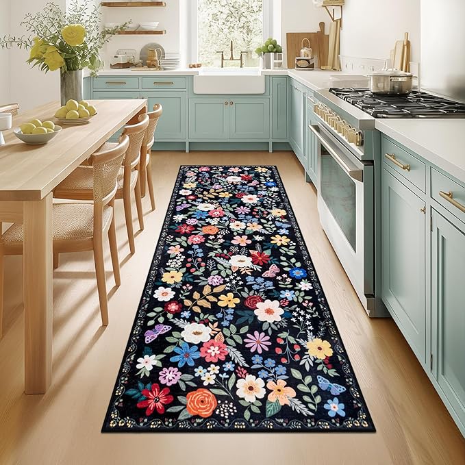 PLHXFR 2x6 Washable Runner Rug：Floral Indoor Kitchen Soft Carpet Black | For Hallway Bedroom Kitchen Laundry Bathroom Dorm,Vintage Floral,Machine washable,Non Slip,Stain Resistant,Indoor Floor