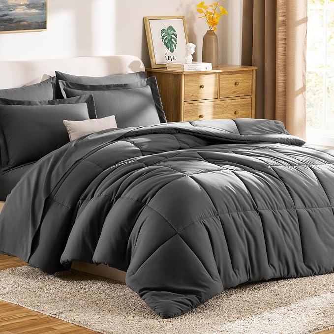 Queen Comforter Set, 7-Piece Bed in a Bag, Dark Grey | OEKO-TEX Certified, Box-Stitched Design, 240 GSM Down Alternative Fill, All-Season Comfort, Sheets, Pillowcases & Shams