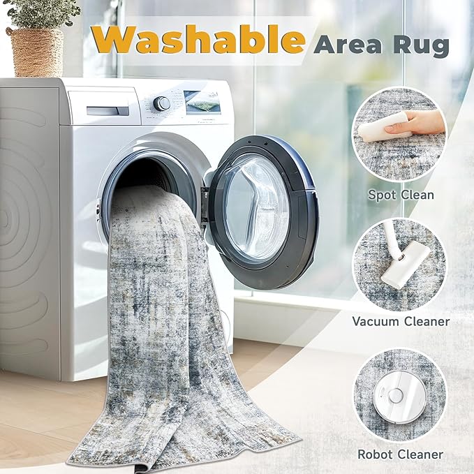6x9 Area Rugs Washable Rug: Abstract Neutral Rugs Modern Non Slip Area Rug Stain Resistant Low Pile Indoor Carpet for Dining Room Bedroom Nursery Office (Multi Blue, 6'x9')