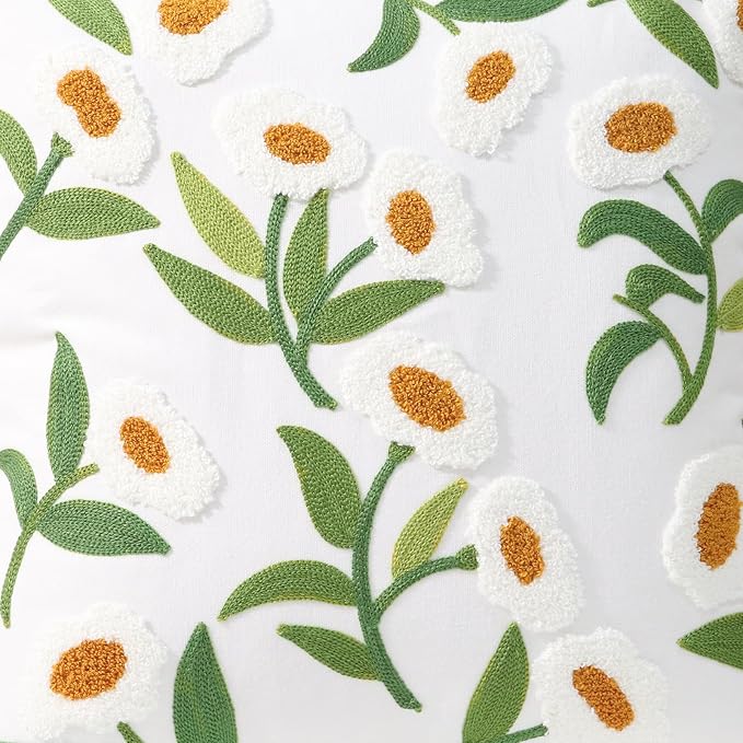 Pack of 2 Embroidered Decorative Throw Pillow Cover 18x18 Inch Farmhouse Floral Pillowcase for Living Room Sofa Bed (White Glass Flower)
