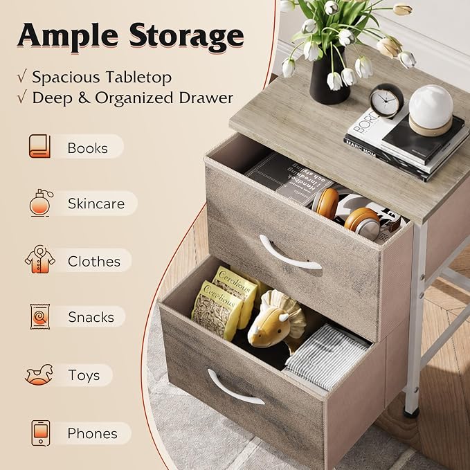 WLIVE Nightstand, 2 Drawer Dresser for Bedroom, Small Dresser with 2 Drawers, Bedside Furniture, Night Stand, End Table with Fabric Bins for Bedroom, Closet, College Dorm, Greige Oak | End Table with Fabric Bins for Bedroom, Sturdy Metal Frame & Adjust...