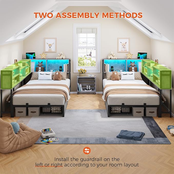 DICTAC Corner Bed Frame with Bookcase Storage and Led Lights Twin XL Metal Platform Beds with 2 Drawers and Charging Station Twin XL Daybed with Storage for Living Room,Bedroom & Guest Room,Oak Gray