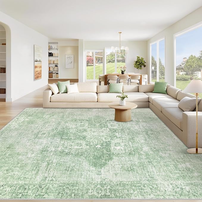 Area Rug 9x12 Washable Rug, Vintage Boho Medallion Rugs Non-Slip Soft Low Pile Large Distressed Rug Indoor Retro Carpet for Living Room Bedroom Dining Room Home Office (SageGreen, 9'x12')