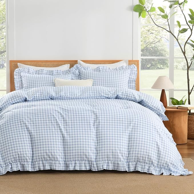 Andency Blue Gingham Duvet Cover Queen, Ruffle Shabby Bedding Set 3 Pcs | Farmhouse Soft Pre-Washed Polyester Comforter Cover with Zipper Closure & Corner Ties, 90x90Inch