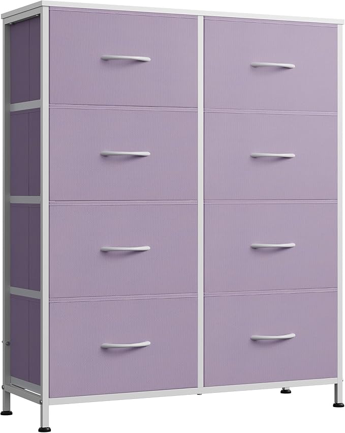 WLIVE 8 Drawer Fabric Dresser for Bedroom, Tall Storage Tower, Purple | Purple 8-drawer tall storage tower with fabric bins and wood tabletop, breathable non-woven, perfect for bedroom closet dorm