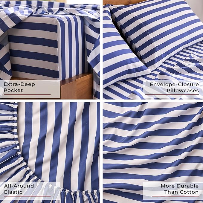 Mellanni Iconic 4-PC, Ultra Soft Sheet Set (King, Oxford Stripe Blue Nova) | 10M+ Sleepers. Lab-tested: Sleeps Cool, Stays Bright, Strong, Smooth. Good Housekeeping Best Bedding, 7 yrs running.