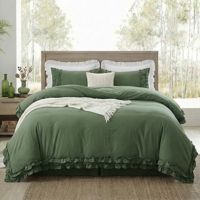 Bedorm Boho Queen Duvet Cover Olive Green Bedding Set Shabby Chic Lace Fringe Ruffle Bedding Super Soft Warm Farmhouse Comforter Cover 3 Pcs Sets