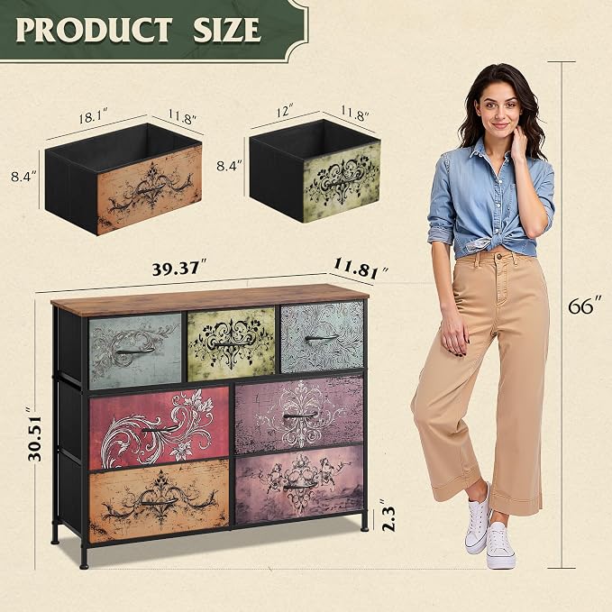 WLIVE Dresser for Bedroom, 7 Drawers, TV Stand, Pattern | 7 roomy fabric drawers, Fits TVs up to 45 inch, Bedroom or living room, Wide storage design, Chest of drawers