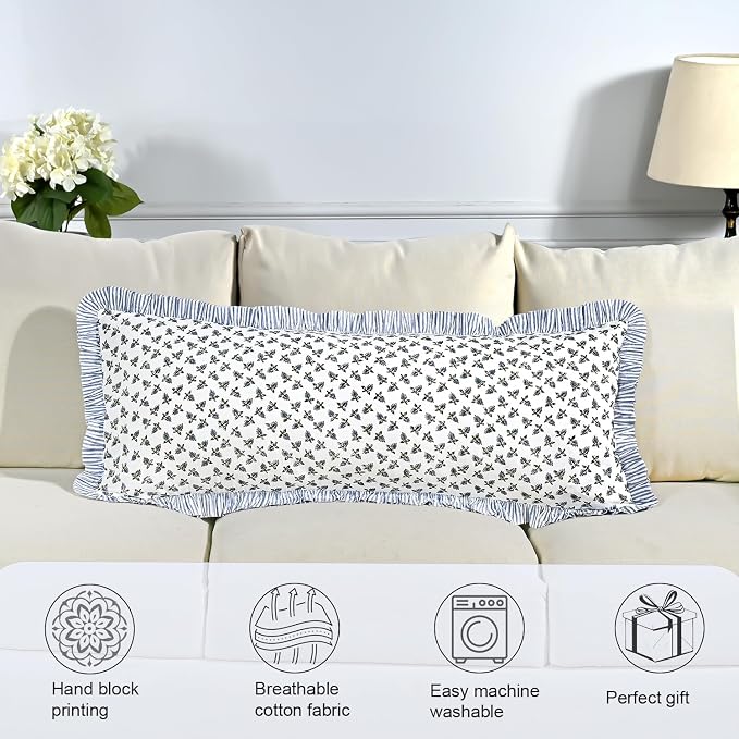 Ridhi Block Print Baby Blossams Ruffle Lumbar Pillow Shams, 36" x 14" Set-1 | 100% cotton, Floral Pillowcase, Cushion Cover, Hidden Zipper, Cottagecore Bedding, farmhouse boho style, fits couch, sofa,Bed