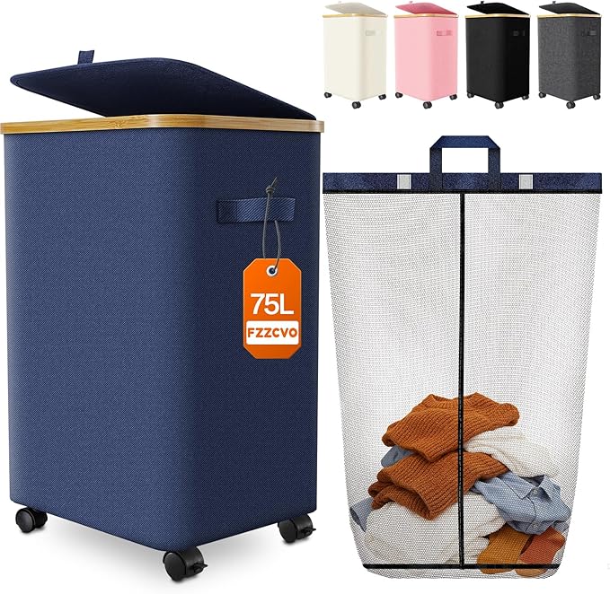 Laundry Hamper with Wheels, 75L Rolling Laundry Basket, Removable Inner Bag | Clothes Hampers for Laundry, Collapsible Dirty Clothes Hamper for Dorm, Bedroom, Bathroom, Laundry Room