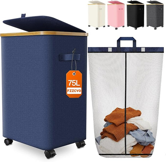 Laundry Hamper with Wheels, 75L Rolling Laundry Basket, Removable Inner Bag | Clothes Hampers for Laundry, Collapsible Dirty Clothes Hamper for Dorm, Bedroom, Bathroom, Laundry Room