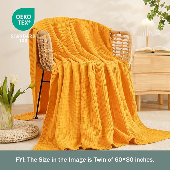 EMME Muslin Blankets for Adults Throw Blanket for Couch Breathable Gauze Soft Lightweight Airy Mustard Yellow Throw 50" x 60"