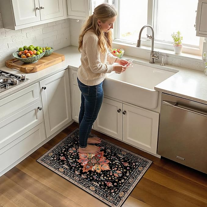 RELEANY Washable Area Rug, Small 2'x3', Black/Colorful | Non-Slip, Water Repellent, Pet Friendly, Easy to Clean, Vintage Floral Boho Decor for Kitchen Entryway Bathroom