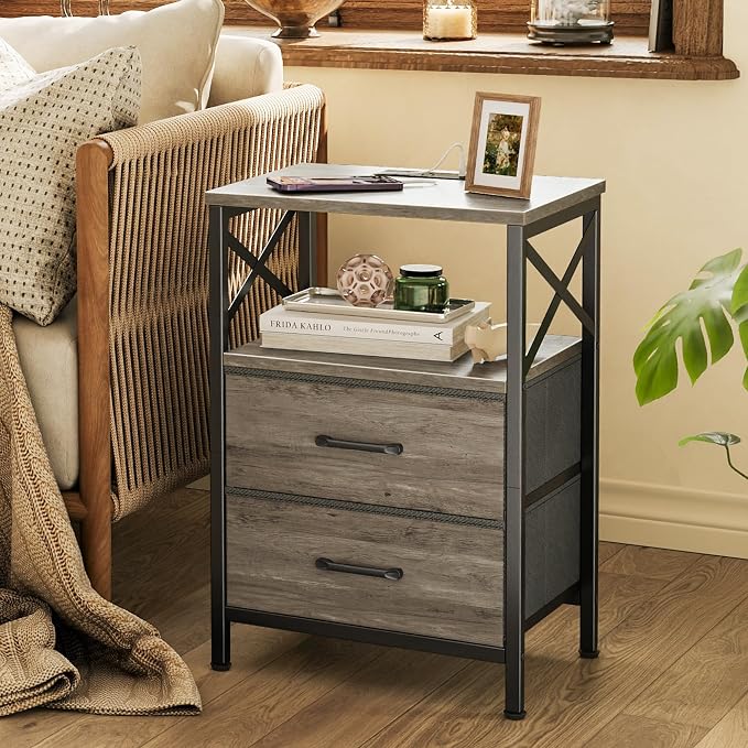Huuger Nightstand Set of 2 with Charging Station, USB-C Port, End Tables | Night Stand with 2 Drawer Side Table with Open Shelf, Bedside Table for Small Spaces, X Shaped Side Rail, Oak
