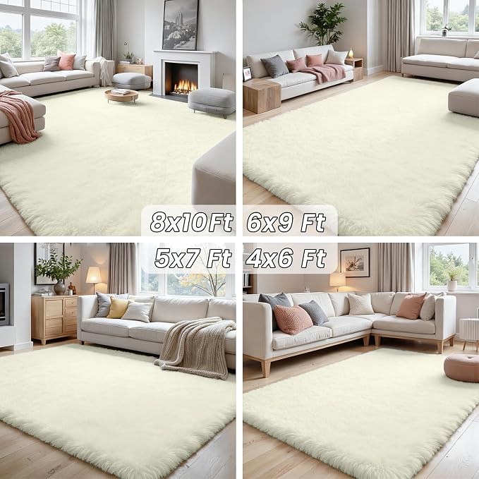 8x10 Fluffy Shag Area Rugs for Living Room Bedroom: Soft Carpet Cream White | Upgraded Non-Slip Thick Memory Foam, Ultra Soft, Non-Shedding Fuzzy Carpet, Easy Clean Decor for Kids Room, Nursery, Playroom