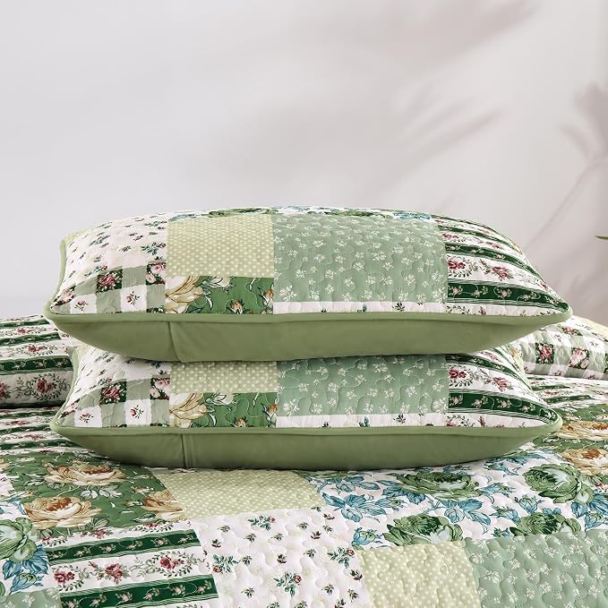 Patchwork Quilt Set Queen Size, Sage Green Floral Plaid Bedspread | Rustic Flower Coverlet Set, Soft Lightweight Farmhouse Quilt Bedding Set 3 Pieces for All Season, 96''x90''