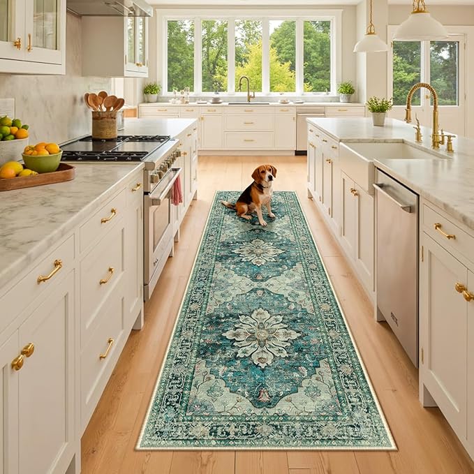 RELEANY Washable Area Rug, Runner 2'x8', Blue/Vintage Dark Blue | Non-Slip, Water Repellent, Pet Friendly, Easy to Clean, Vintage Floral Boho Decor for Kitchen Hallway Bedroom Laundry