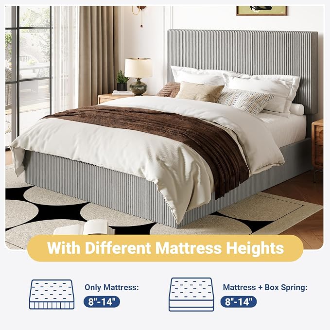 Allewie Queen Bed Frame, Adjustable Corduroy Headboard, Platform, Grey | Adjustable Headboard, Corduroy Fabric, Low Profile, Wooden Slats, 900 lb Capacity, No Box Spring Needed