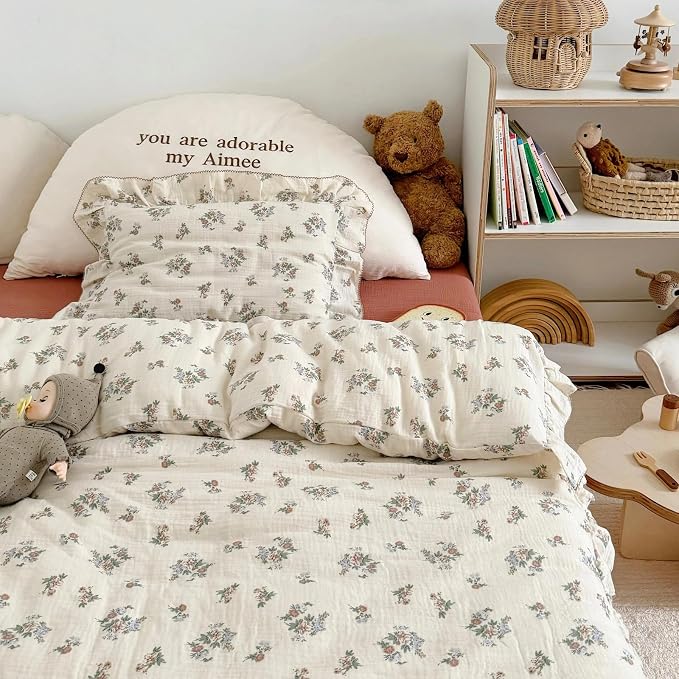 Muslin Floral Duvet Cover for Toddler Girls, Chic Shabby Aesthetic Kids Duvet Covers with Ruffles, All Seasons Gauze Cotton Toddler Bed Comforter Cover with Zipper, 47"x59", No Pillowcases