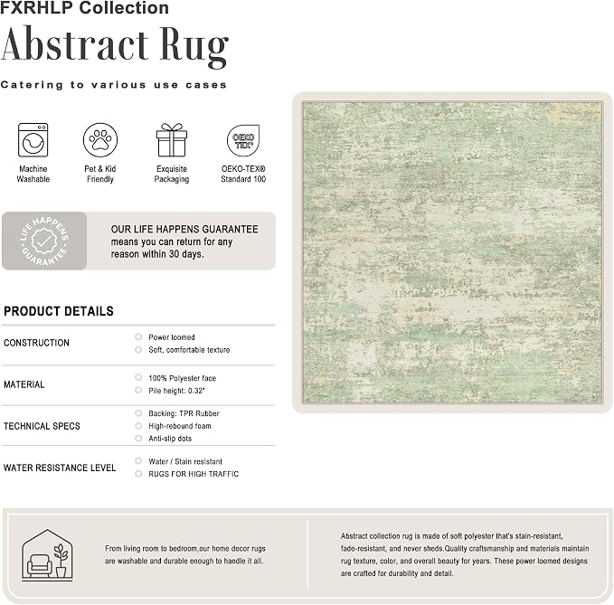 Area Rug Living Room: 4x4 Modern Washable Soft Carpet Green Cream | For Bedroom Dining Room Farmhouse Nursery Hallway Office,Modern Abstract,Machine washable,Non-Slip,Stain Resistant,Indoor