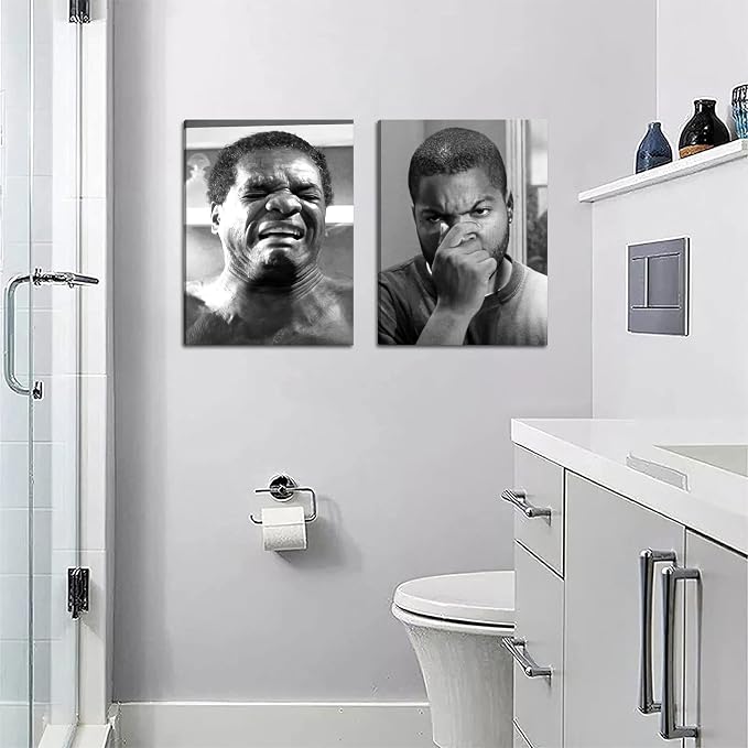 Framed Funny Bathroom Canvas Wall Art Set of 2 - Black and White Vintage Comedy Movies Posters, Funny Toilet Humour Smell Wall Decor Prints for Bathroom Decor 16x24in