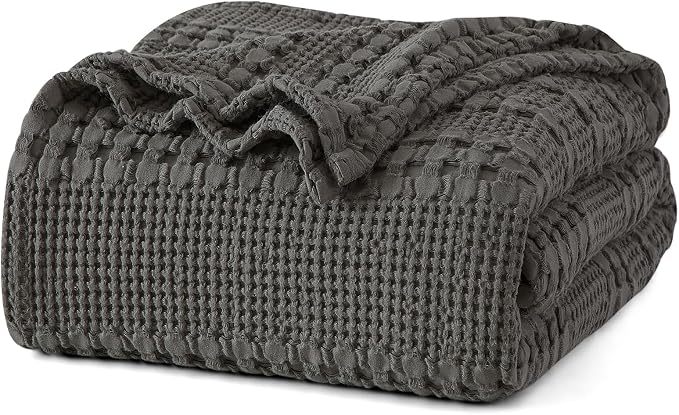 PHF Lightweight 100% Cotton Waffle Blanket for Bed, Queen, Charcoal Grey | Pre-Washed Soft Cotton Comfort, Breathable Layering Warmth for Fall & Winter, Bed, Sofa, Couch, Home Decor & Gifts