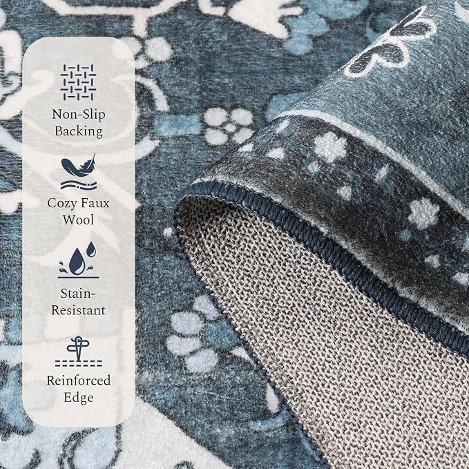 Rugflix 4x6 Area Rugs for Living Room, Washable Dark Navy Blue Rug | Machine Washable; Stain-Resistant; Low Pile; Non-Slip; Vintage Farmhouse; Carpet for Bedroom Dining Office Nursery Home