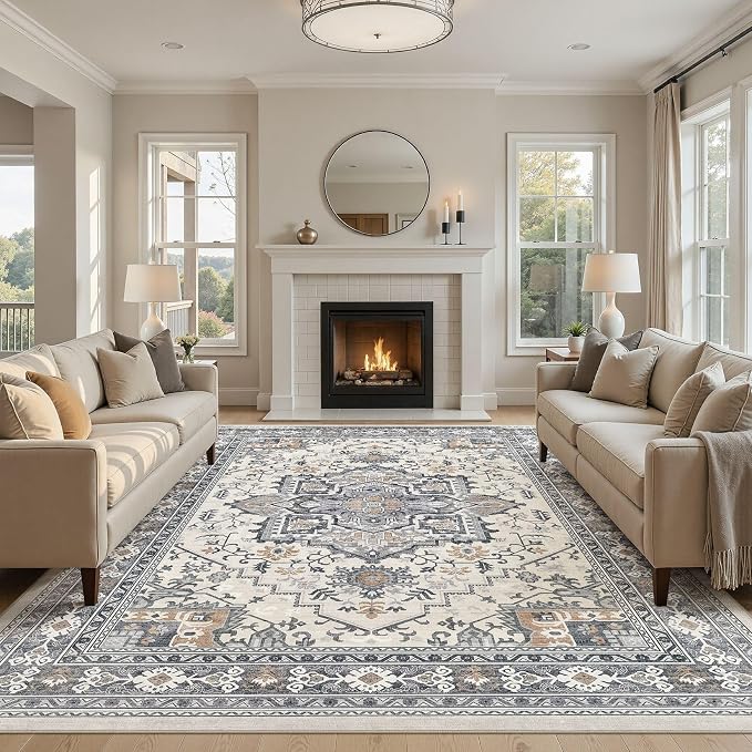 UERMEI 9x12 Area Rug Living Room Rugs - Washable Vintage Soft Large Rug Indoor Floor No Slip Rug Carpet for Bedroom Farmhouse Under Dining Table Home Office Decor - Grey-Orange