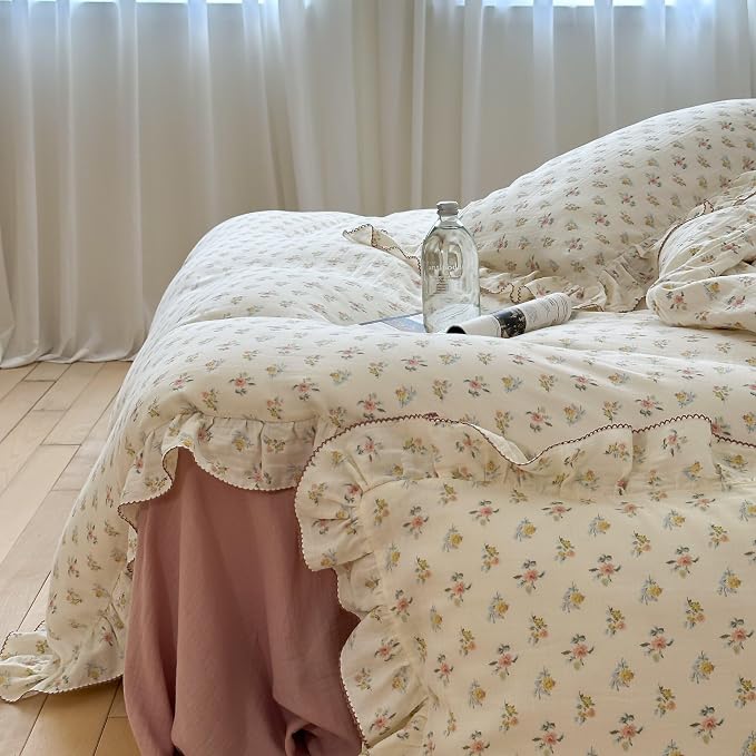 Cotton Muslin Duvet Cover Queen, Chic Shabby Azalea Floral Comforter Cover with Ruffles, Soft Breathable Gauze Quilt Covers for Kids Teens,90"x90", Zipper Closure, No Pillow