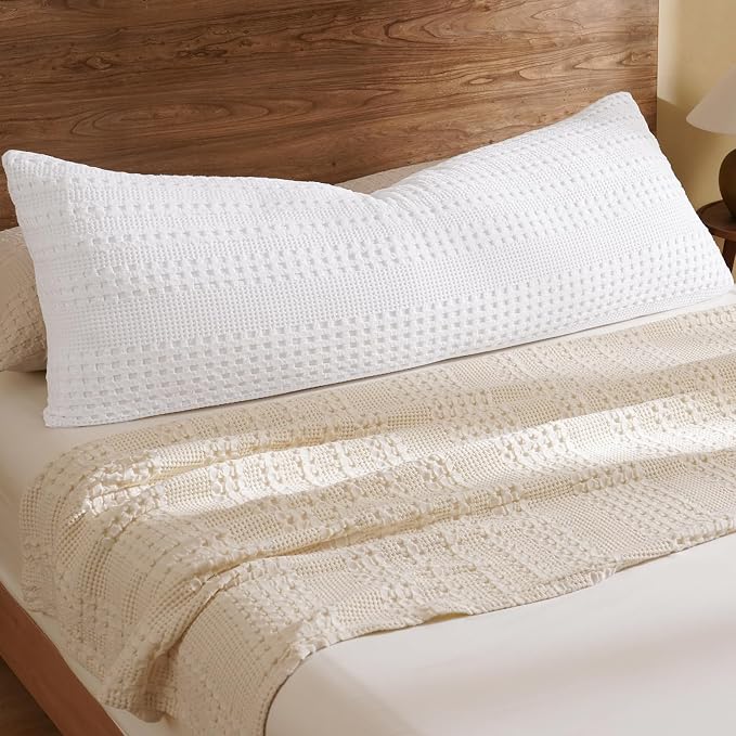 PHF 100% Cotton Waffle Body Pillowcase with Zipper, 1 Pack 20" x 54" Soft Skin-Friendly Pillow Sham, No Filling, Aesthetic Woven and Breathable Waffle Weave Body Pillow Cover for Bed, White
