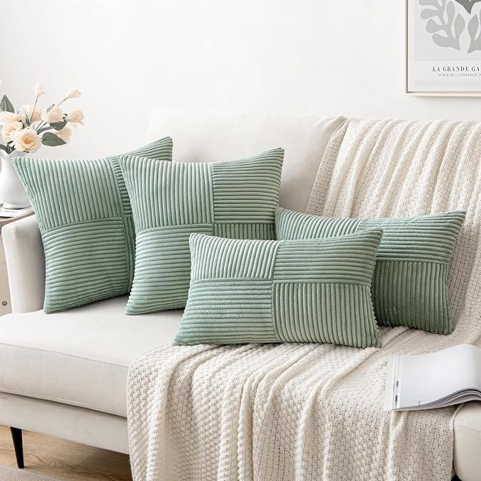 MIULEE Greyish Green Decorative Throw Pillow Covers 16x16 Inch for Couch Bed Sofa Spring Decor Pack of 2 Boho Farmhouse Throw Pillows Soft Cross Corduroy Patchwork Textured Cushion Cases