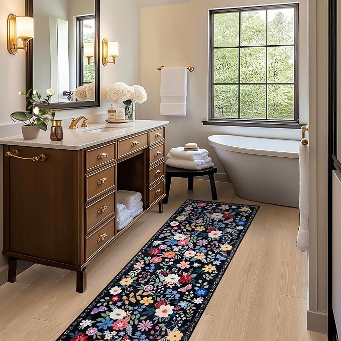 PLHXFR 2.6x8 Washable Runner Rug：Floral Indoor Kitchen Soft Carpet Black | For Hallway Bedroom Kitchen Laundry Bathroom Dorm,Vintage Floral,Machine washable,Non Slip,Stain Resistant,Indoor Floor