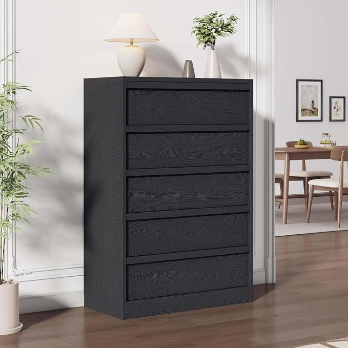 Garvee 5 Dresser for Bedroom, 43.3" Tall Dresser, Freestanding Horizontal Drawer with Storage, Wooden Closet Chest Storage for Living Room, Hallway, Entryway, Black
