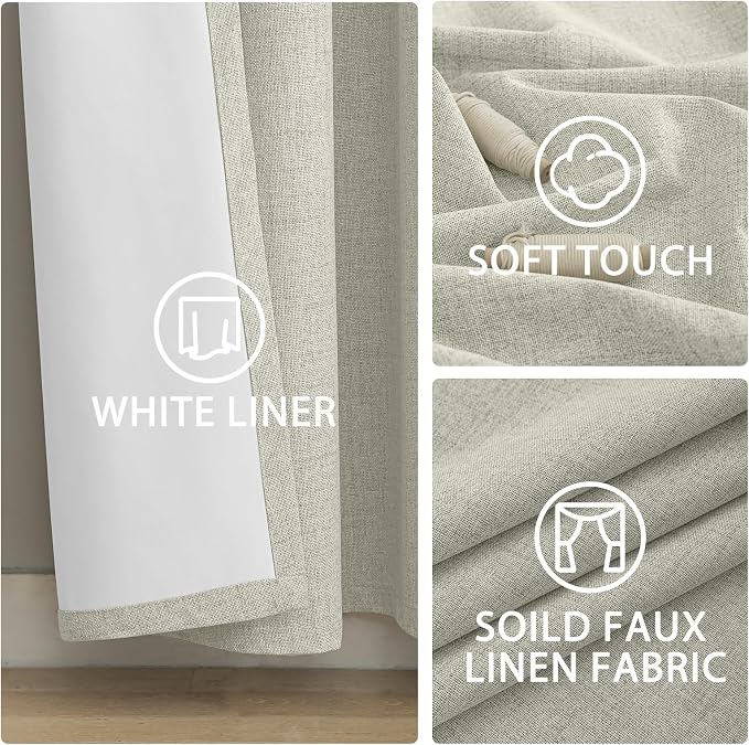 Yakamok Cream Linen Textured Curtains 90 Inches Long for Living Room | 100% Blackout Curtains,Room Darkening Curtains,Thermal Grommet Bedroom Curtain 2 Panels with Greyish White Liner,52W x 90L