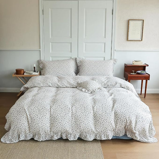 Vintage Blue Floral Ruffles Duvet Cover King, Princess Bedding Comforter Cover, 100% Cotton Muslin Quilt Covers with Zipper, 90"x104", No Pillow, Soft Lightweight