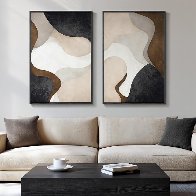 Large Framed Modern Abstract Wall Art for Living Room Set of 2, 24x36 In | Minimalist, Canvas prints, Neutral pictures, Beige brown, Black frame paintings, Bedroom, Dining room, Entryway wall decor
