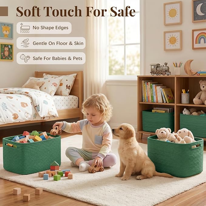 OIASKET 4Packs Natural Cotton Rope Storage Baskets for Organizing Toys, Clothes, Towels & Books, Soft Versatile Organizers for Shelves, Home Decorative Bins, 13''Lx9''Wx7.8''H, Green