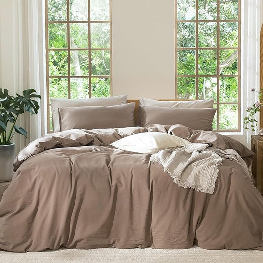 MooMee Duvet Cover Set 100% Washed Cotton Linen Like Super Queen | Relaxed Linen-like Texture. Soft, Breathable & Long-lasting Comfort. Lightweight. Hidden Zipper with 8 Interior Corner Ties