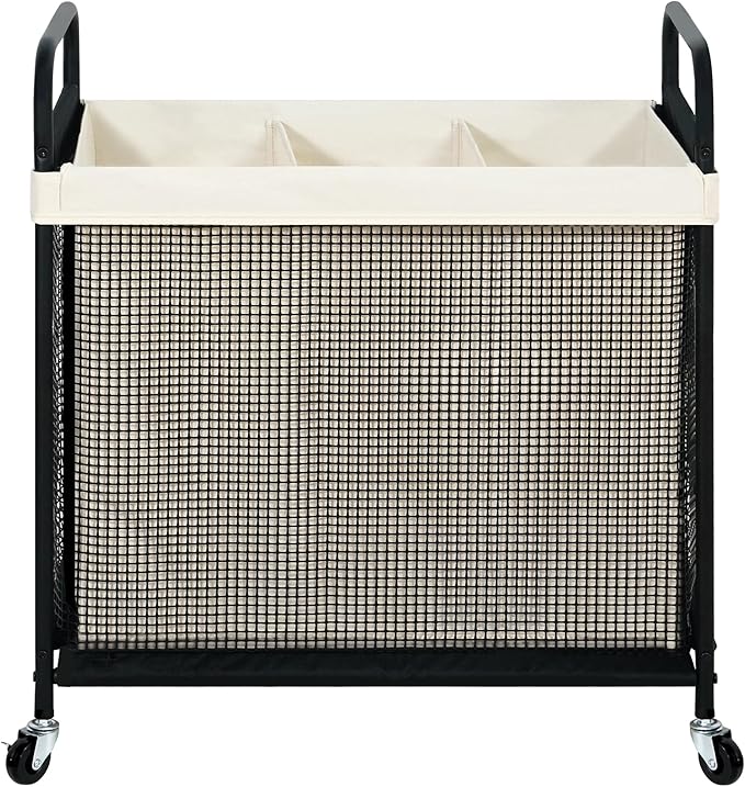 STO STO Laundry Hamper 3 Section, 120L Rolling Laundry Sorter Cart with Removable and Washable Liner Bag, Clothes Hamper with Wheels and Metal Handle for Laundry Room and Bedroom