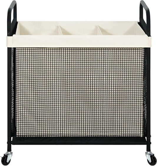 STO STO Laundry Hamper 3 Section, 120L Rolling Laundry Sorter Cart with Removable and Washable Liner Bag, Clothes Hamper with Wheels and Metal Handle for Laundry Room and Bedroom