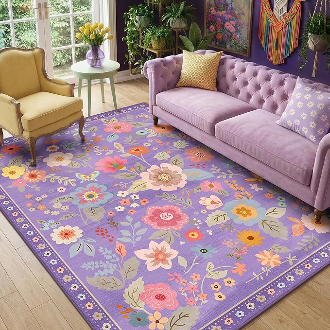 RELEANY Floral Washable 5x8 Area Rugs Purple/Pink | Flower Carpet, Print, Boho, Non-Slip, Easy to Clean, Soft, Low Pile for Living Room Bedroom Kitchen Office Entryway Hallway