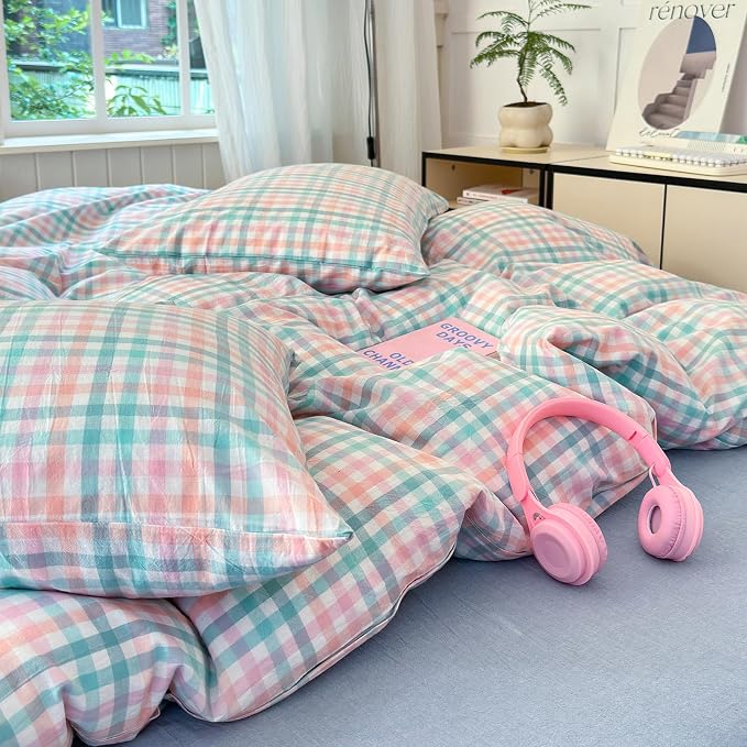 LifeTB Queen Comforter Set Multi-Colored Gingham Comforter Modern Style Checkered Pattern Comforter Set Colorful Grid Plaid Bedding Comforter Fluffy Soft Lightweight Grid Bedding Set Breathable