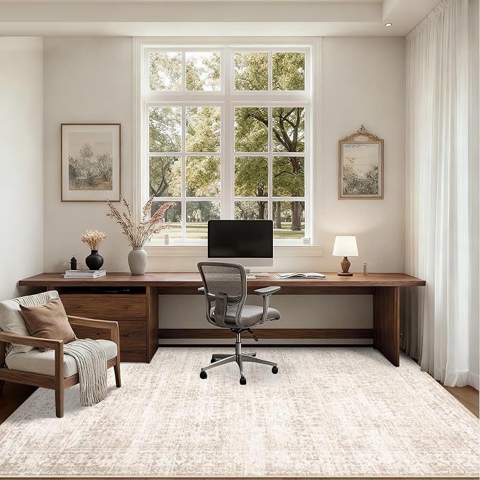 9x12 Area Rugs Living Room: Washable Rug for Bedroom Beige Brown | Vintage No Slip Stain Resistant Rug Soft Indoor Decor Floor Floral Area Rugs for Dining Room, Nursery, Hallway, Home Office