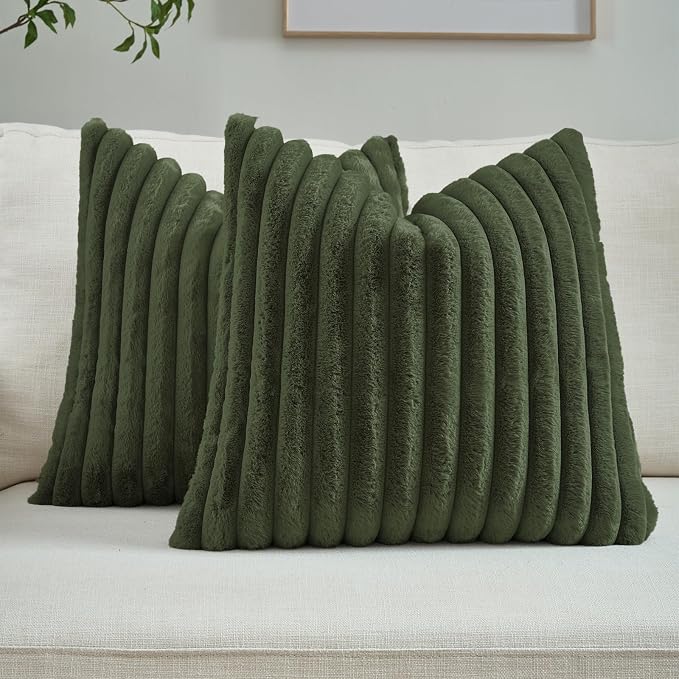 FUTEI Pack of 2 Faux Fur Throw Pillow Covers 18x18 Inch, Olive Green | Fluffy Faux Rabbit Fur Front/Premium Velvet Back,Hidden Zipper,Machine Washable,Non-Shedding,Colorfast,Insert Not Included.