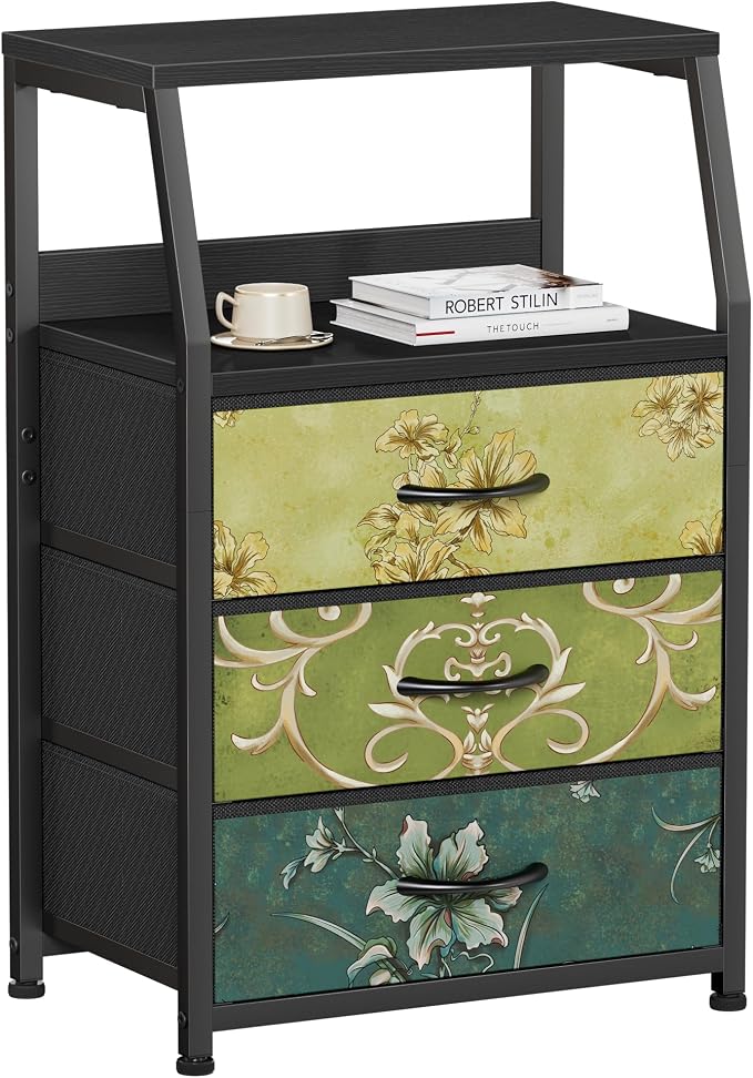 Furnulem Retro NightStand with 3 Drawer, Small Vintage Storage Dresser | Small Fabric Night stand Side Table with 2-Tier Shelf, Storage Drawer for Dorm, Closet, Bedside Table, Metal Frame, Wood Top