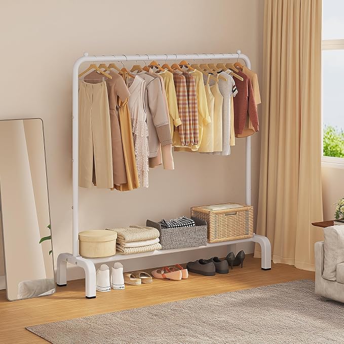 JIUYOTREE Metal Clothing Rack, 43.3 Inches Clothes Garment Coat Rack with Bottom Shelf for Hanging Skirts, Shirts, Sweaters, White | Metal 43.3 Inches Garment Rack Clothing Clothes Rack with Bottom Shelf for Hanging Clothes Coats Skirts Shirts Sweaters...