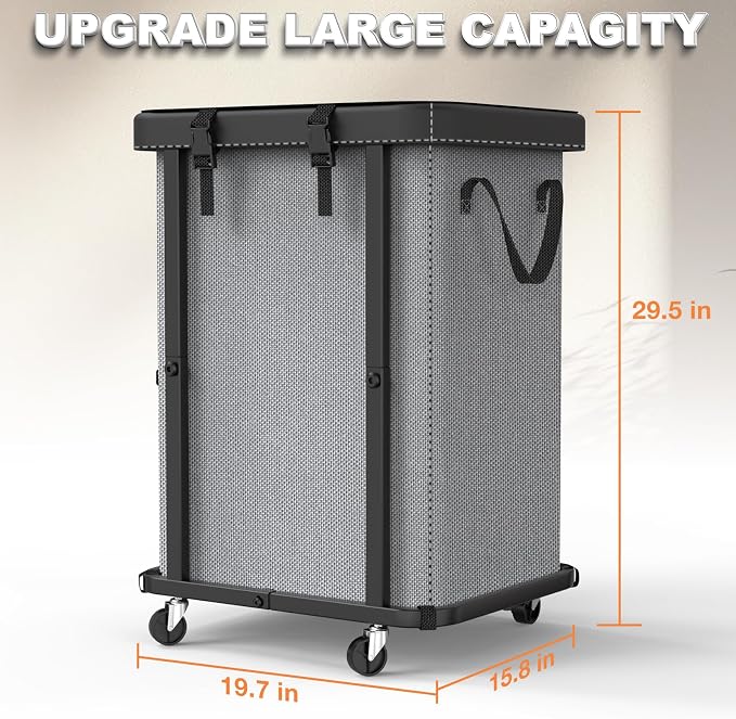 Laundry Basket with Wheels,150L (40 Gal) Rolling Hamper Carts - Gary | Leather Patchwork Laundry Hamper,Sturdy Metal Frame, Removable Washable Bag, Tall Clothes Sorter for Bedroom, Laundry Room